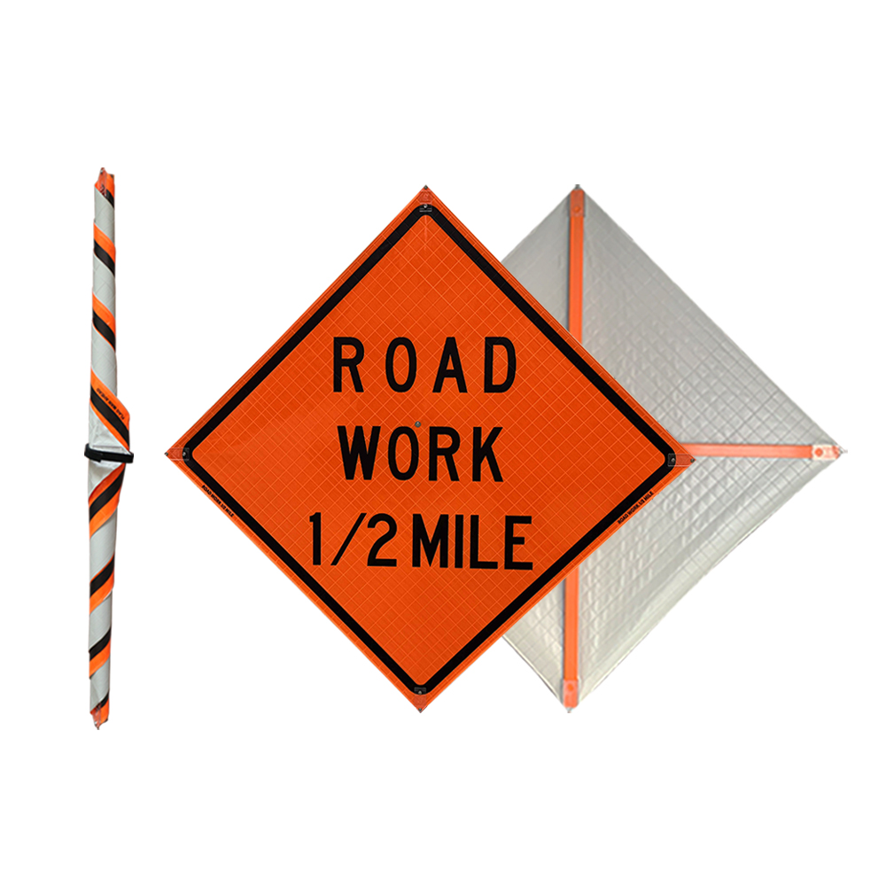 48 Inch Reflective Road Work 1/2 Mile Roll Up Traffic Sign - 